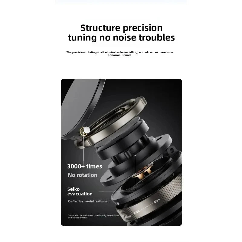 Exploded view of a matte black, precision-engineered metal rotating car air vent clip with an on/off switch.
