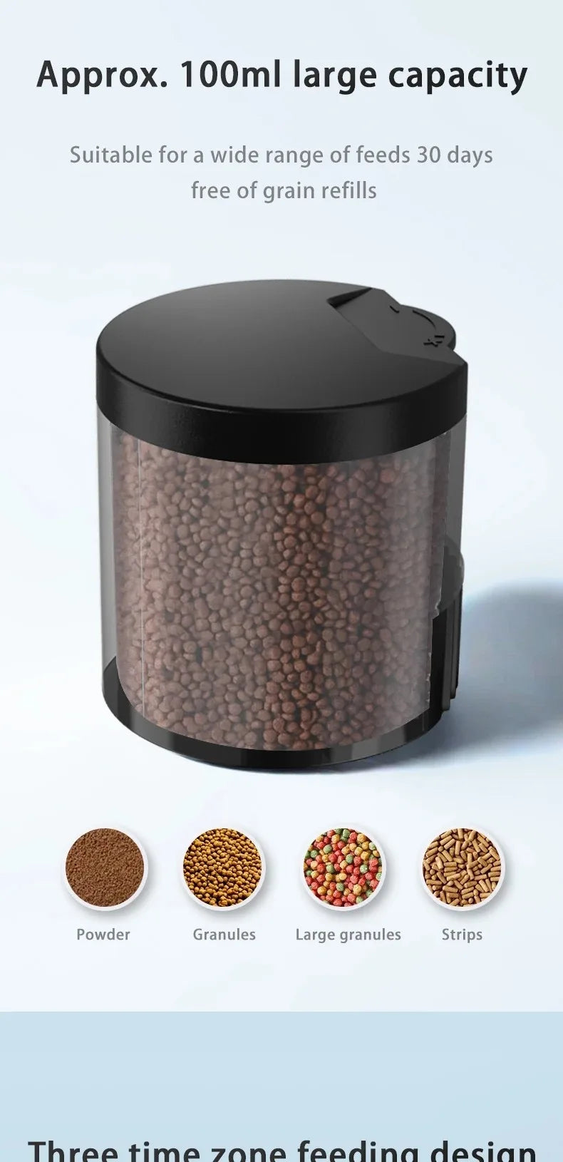 Cylindrical automatic fish feeder with a 100ml clear container and black lid, displaying various food types below.