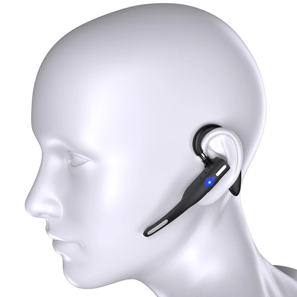 Black wireless Bluetooth earpiece with microphone, worn on a mannequin head, featuring a blue status light.