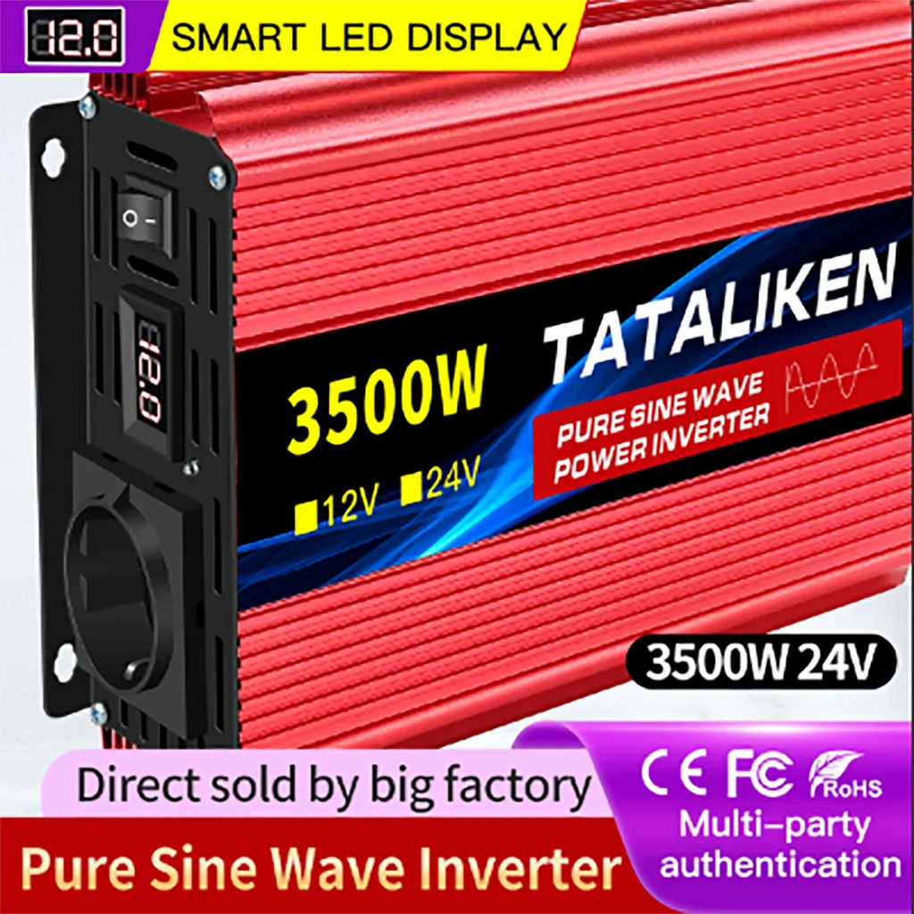 Red 3500W pure sine wave power inverter with smart LED display, power switch, and a black output socket.
