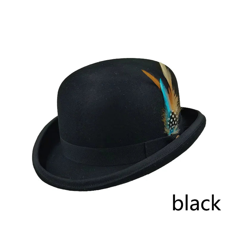 Classic black wool bowler hat featuring a grosgrain ribbon band and a decorative multi-coloured feather side accent.