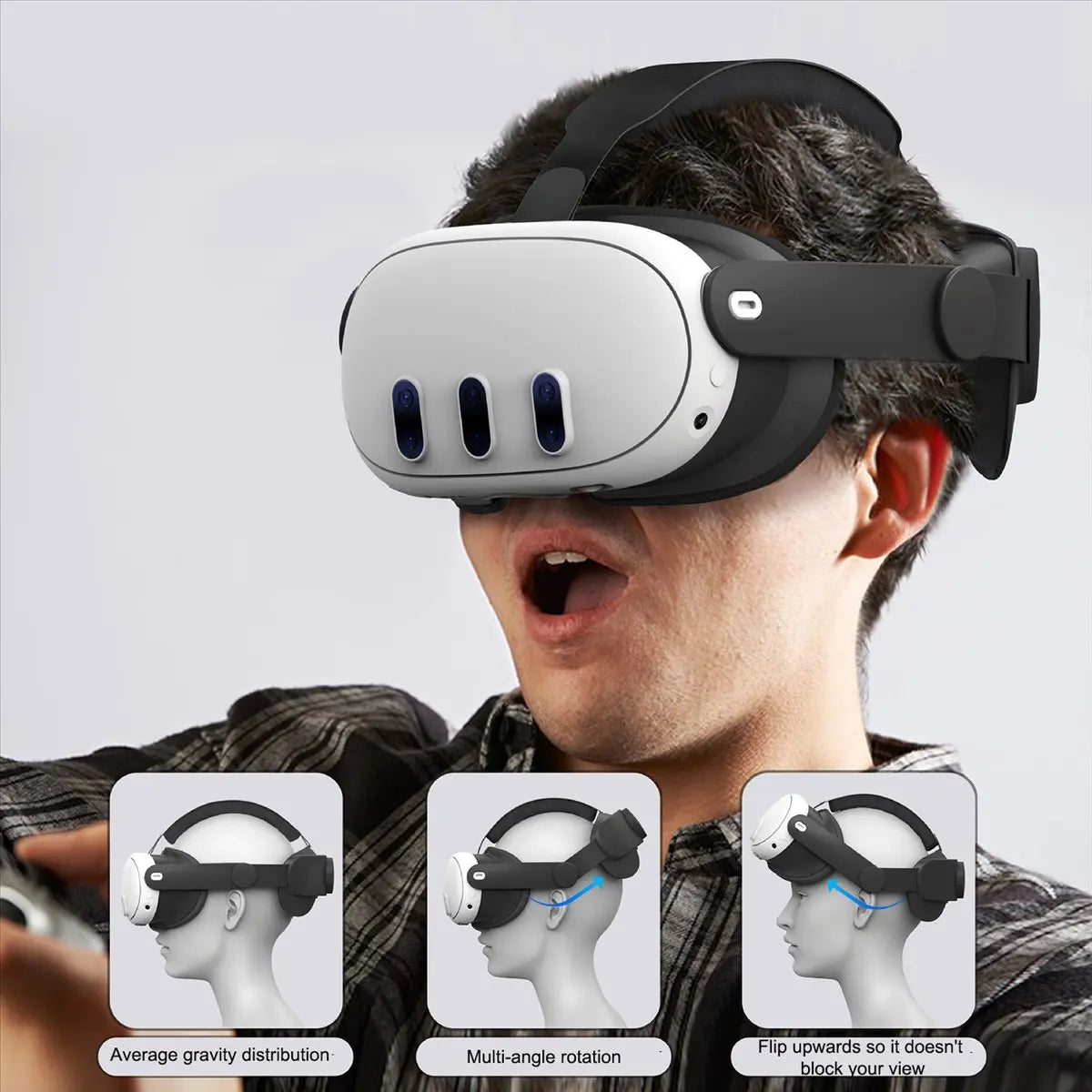 Black and white adjustable VR head strap featuring gravity distribution, multi-angle rotation, and a flip-up design.