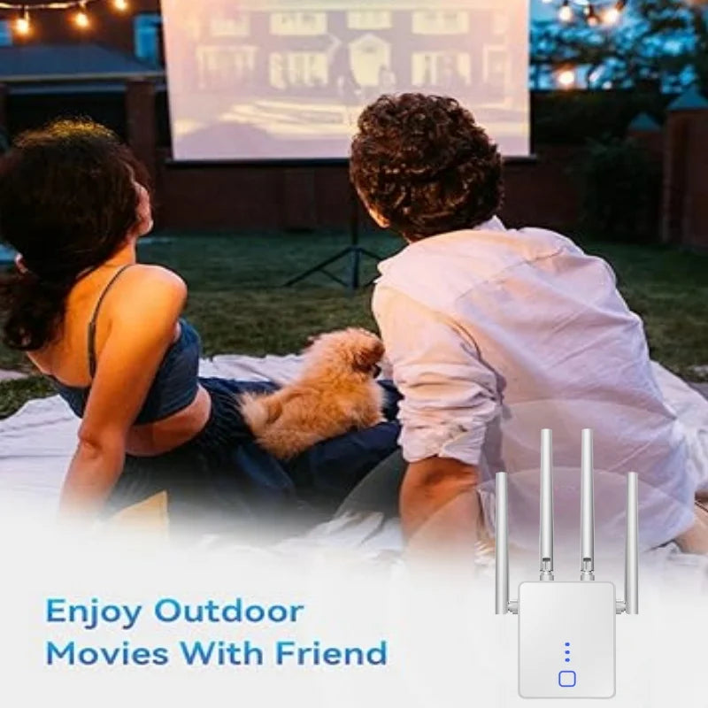 White 1200Mbps WiFi range extender with four external antennas, shown alongside a couple watching an outdoor film.