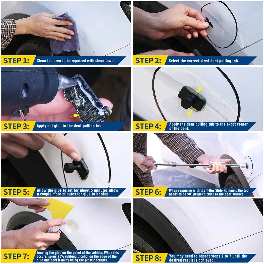 An eight-step infographic demonstrating a silver T-bar slide hammer, black glue tabs, and tools fixing a car dent.