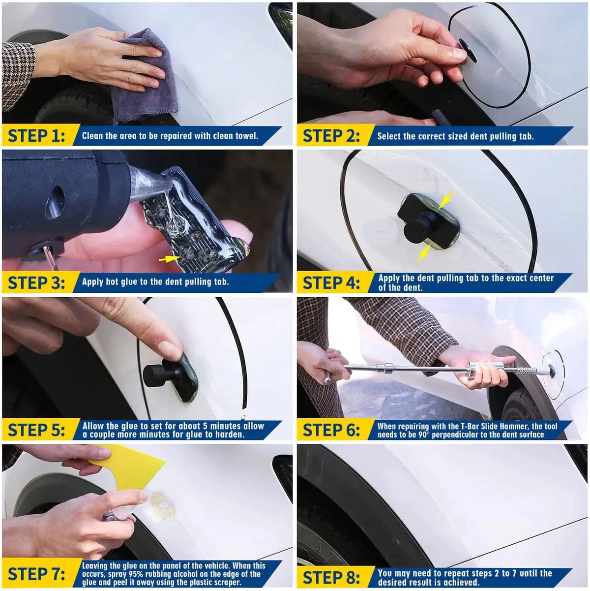 An eight-step infographic demonstrating a silver T-bar slide hammer, black glue tabs, and tools fixing a car dent.