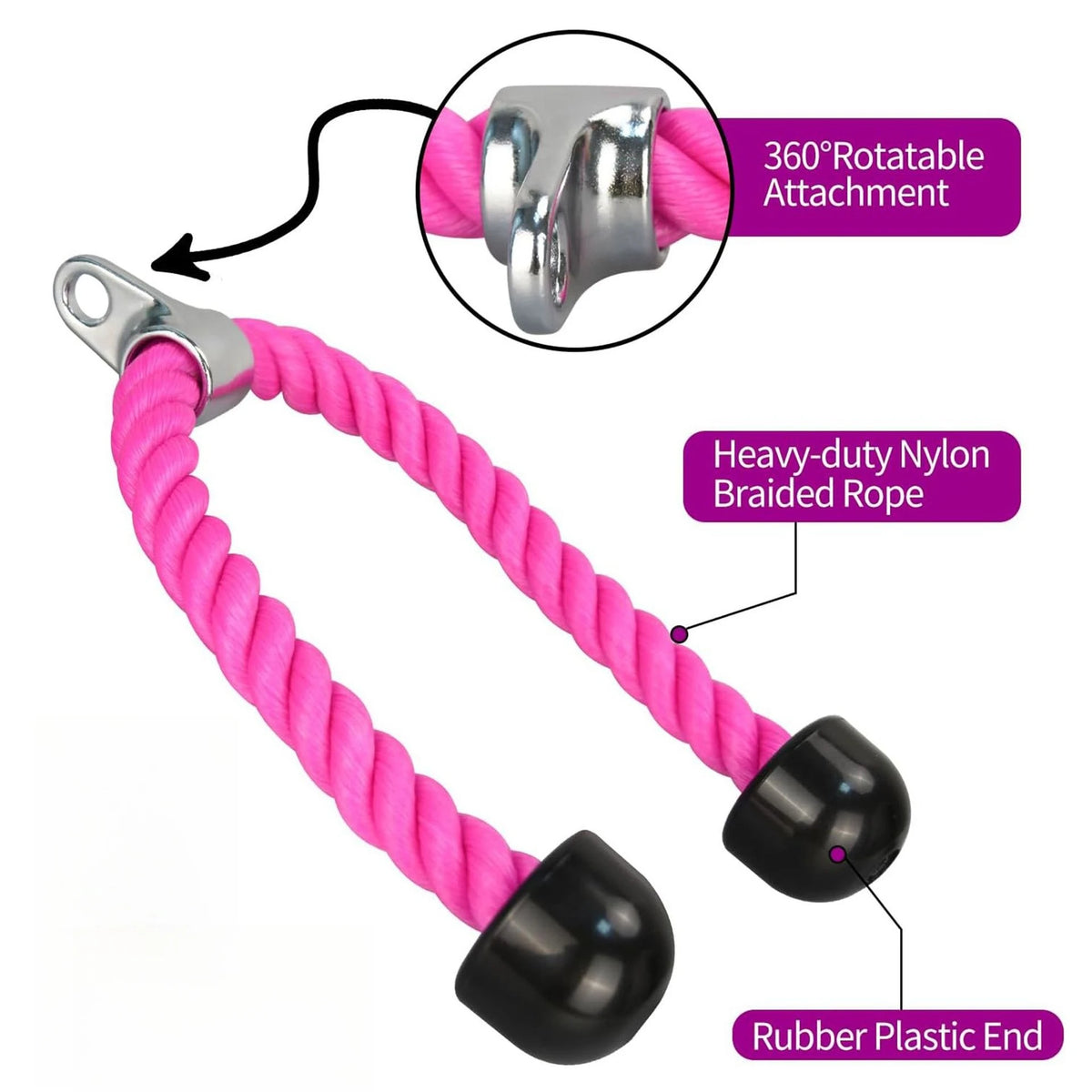 Pink tricep rope with black rubber ends and a 360-degree rotatable metal attachment.