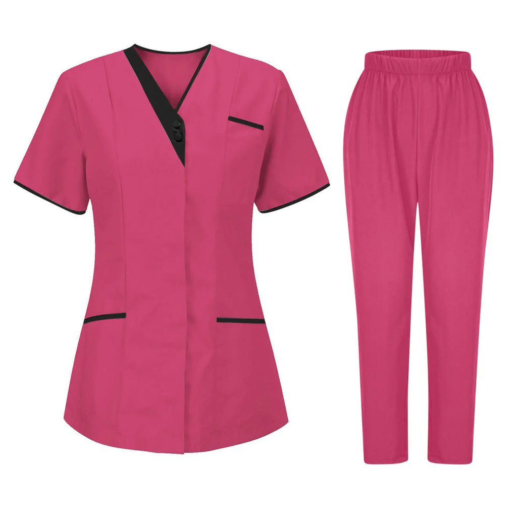 Women’s pink V-neck uniform set with black trim, short sleeves, front pockets and elasticated waist trousers.