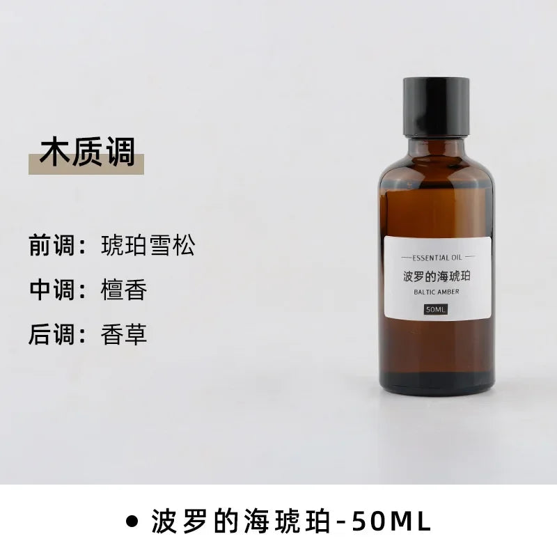 50ml Baltic Amber essential oil in a classic amber glass bottle with a black screw cap and simple white label.