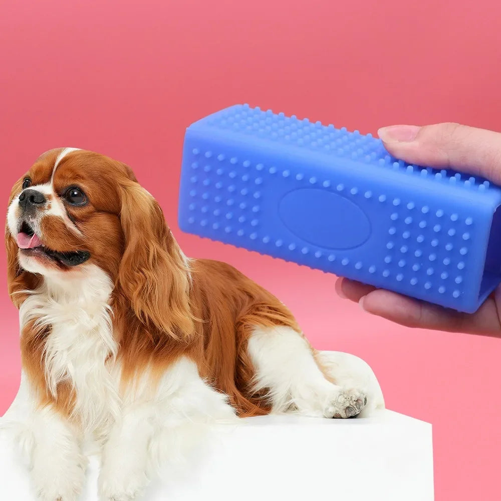A hand holding a blue silicone pet hair remover brush next to a Cavalier King Charles Spaniel.