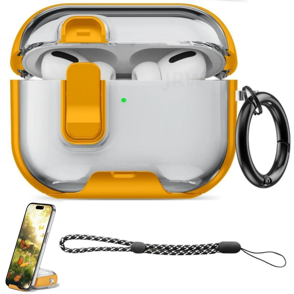 Yellow and clear protective case for AirPods Pro with locking clasp, carabiner, and black lanyard.
