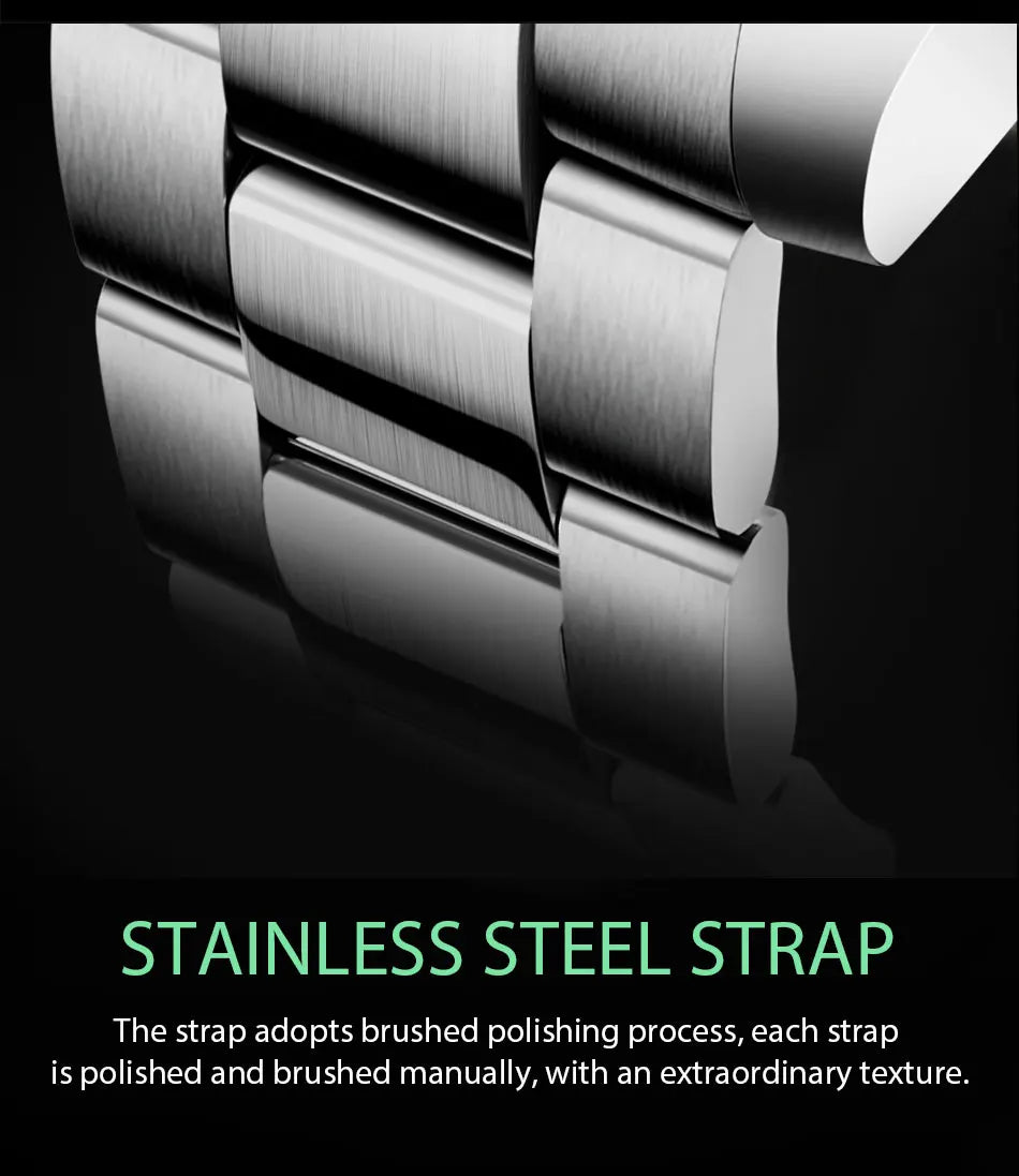Close-up of a silver-tone men's stainless steel watch strap with a high-quality brushed and polished finish.