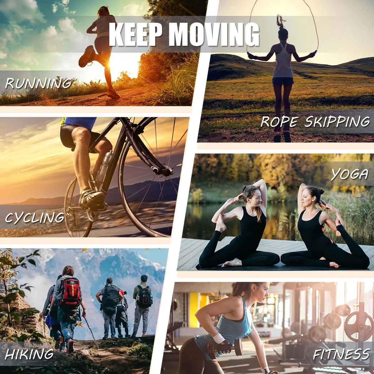 Collage showing people doing fitness activities: running, skipping, cycling, yoga, hiking, and gym workouts at sunset.