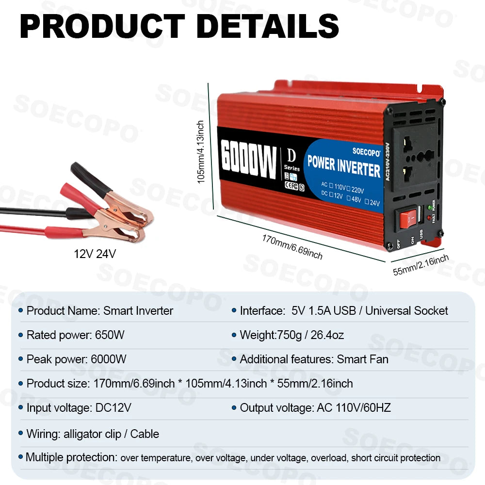 Red 6000W car power inverter with universal socket, USB port, power switch, and alligator clip cables for 12V/24V.