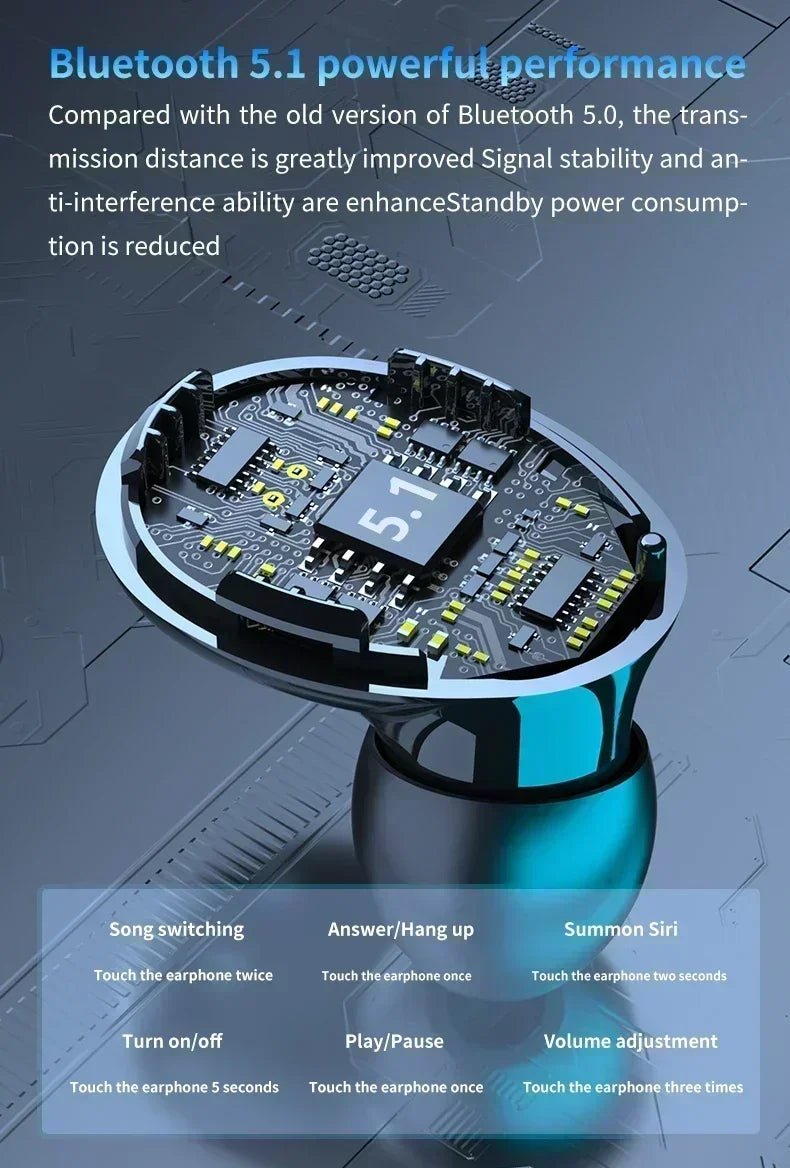Wireless earbud showing internal circuit board design with blue lighting and touch control instructions.