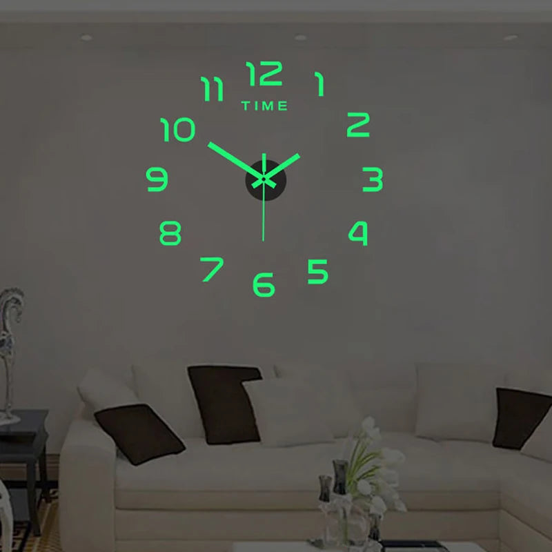 Modern wall-mounted 2D acrylic clock with glowing green numbers and hands on a grey living room wall.