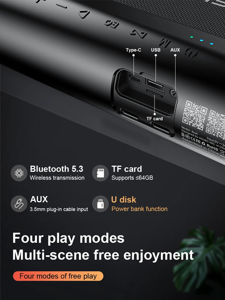 Black portable 80W wireless speaker with USB-C, USB, AUX and TF card inputs, featuring Bluetooth 5.3 connectivity.