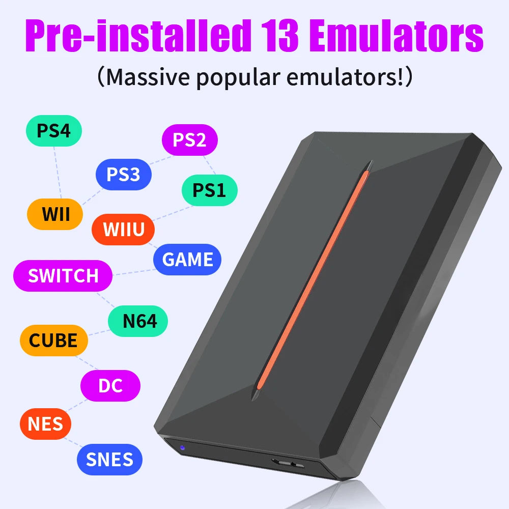 Black 500GB external gaming hard drive with angled facets, a vertical orange light strip, and emulator console labels.