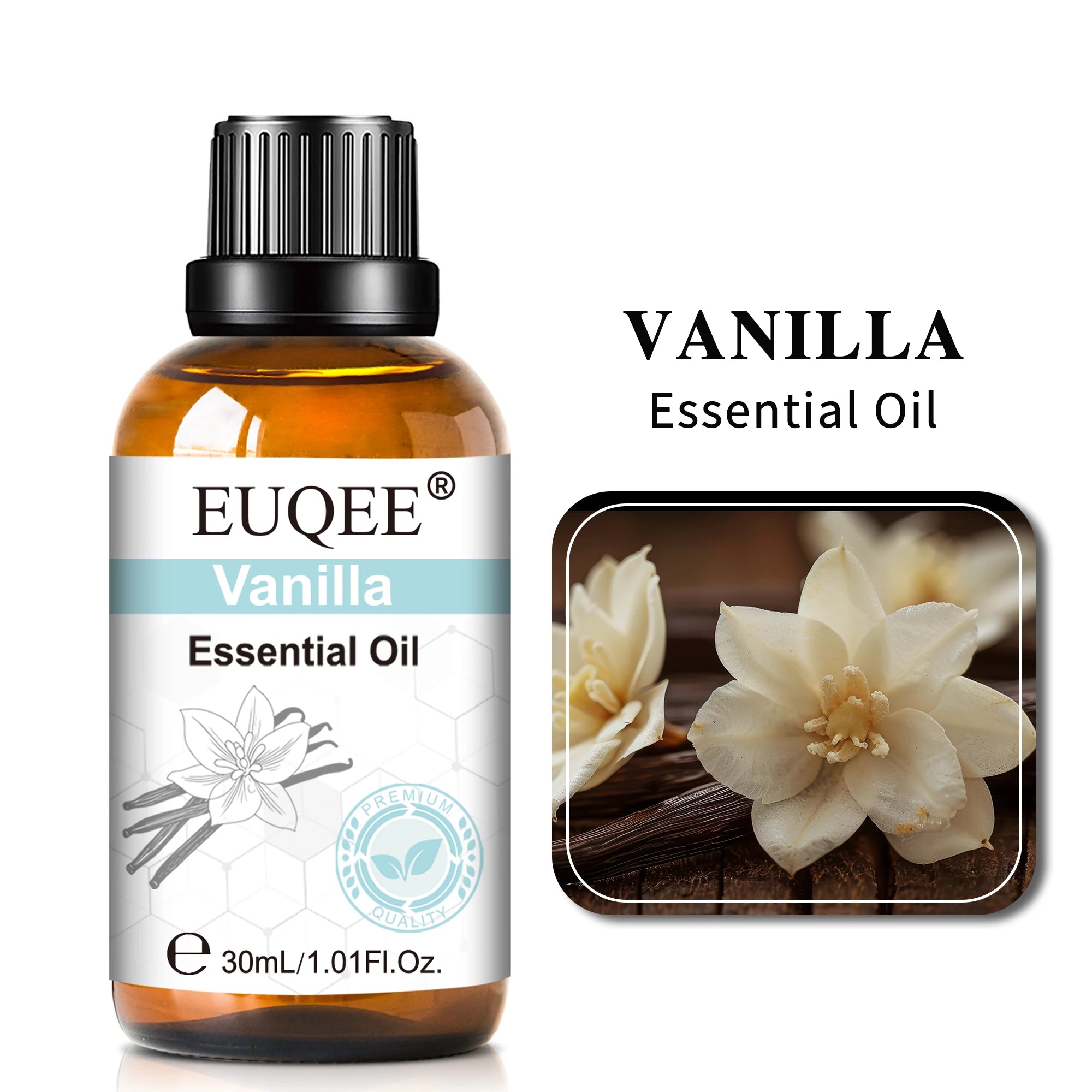 30ml bottle of Vanilla essential oil in amber glass with a black dropper cap, featuring a floral label design.