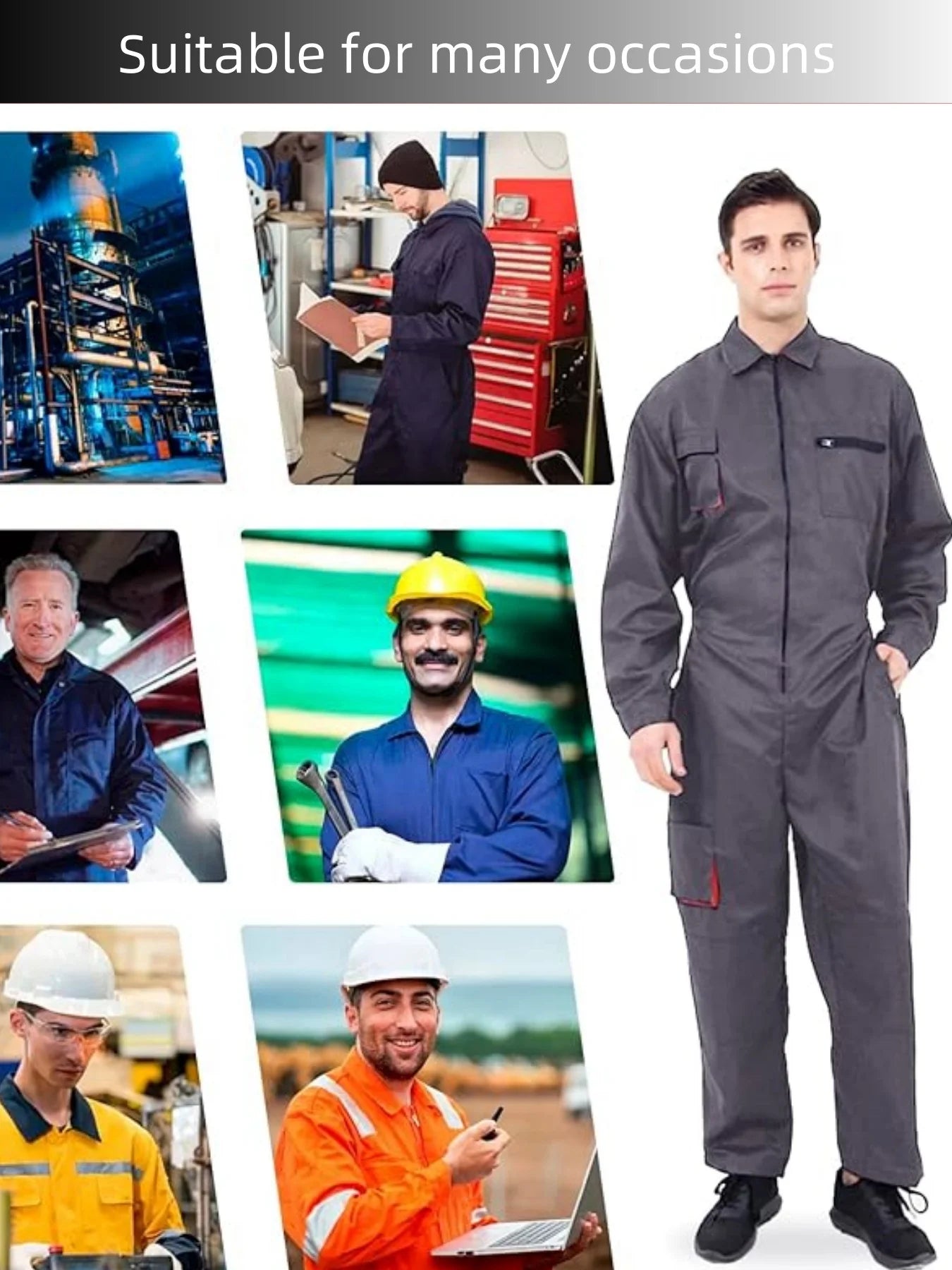 Grey heavy-duty workshop coveralls with long sleeves, a zip front, and multiple utility pockets.