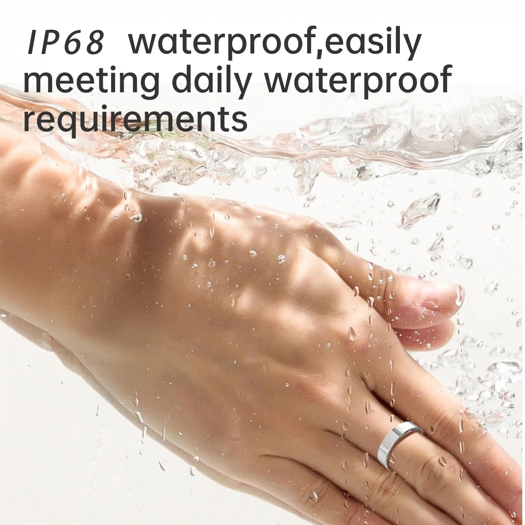 A sleek silver smart health ring worn on a hand submerged in water, highlighting its waterproof IP68 design.