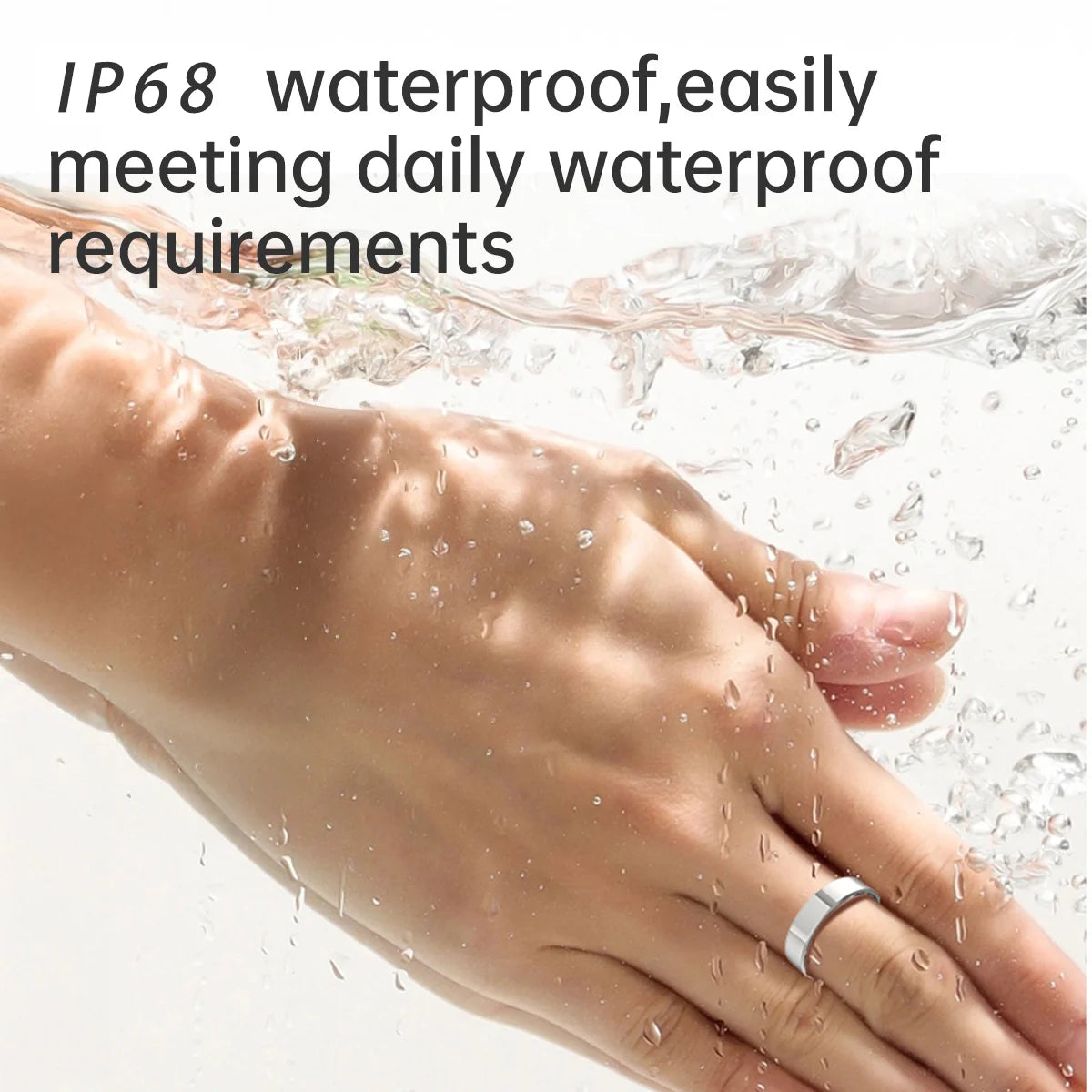 A sleek silver smart health ring worn on a hand submerged in water, highlighting its waterproof IP68 design.