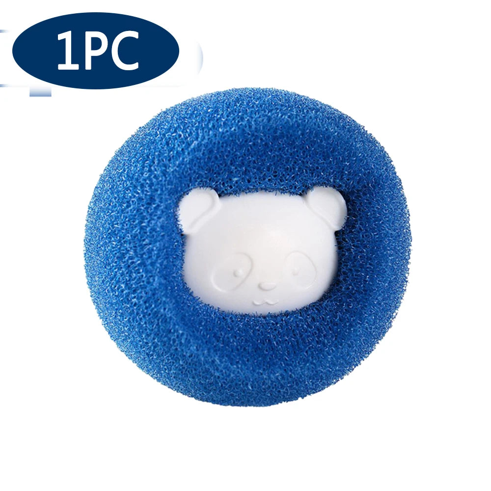 Blue, circular, porous laundry sponge with a white panda face in the centre. One piece.