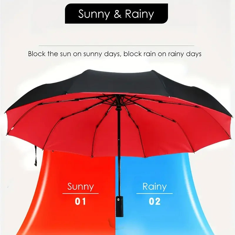 Open folding umbrella with black exterior and bright red interior, featuring double-layer fabric and black frame.