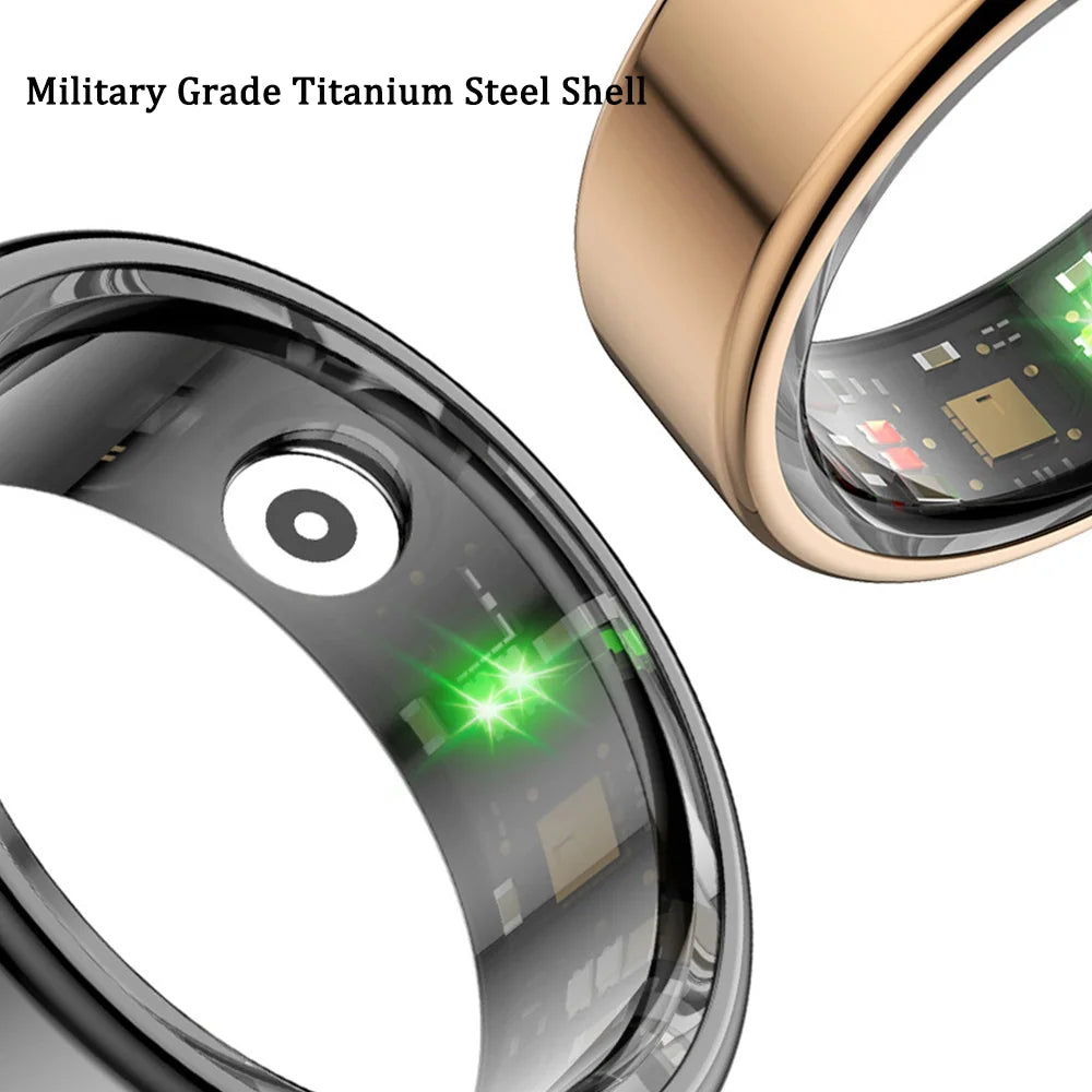 Silver and rose gold titanium steel smart rings, showing internal health sensors and green LED fitness tracking lights.