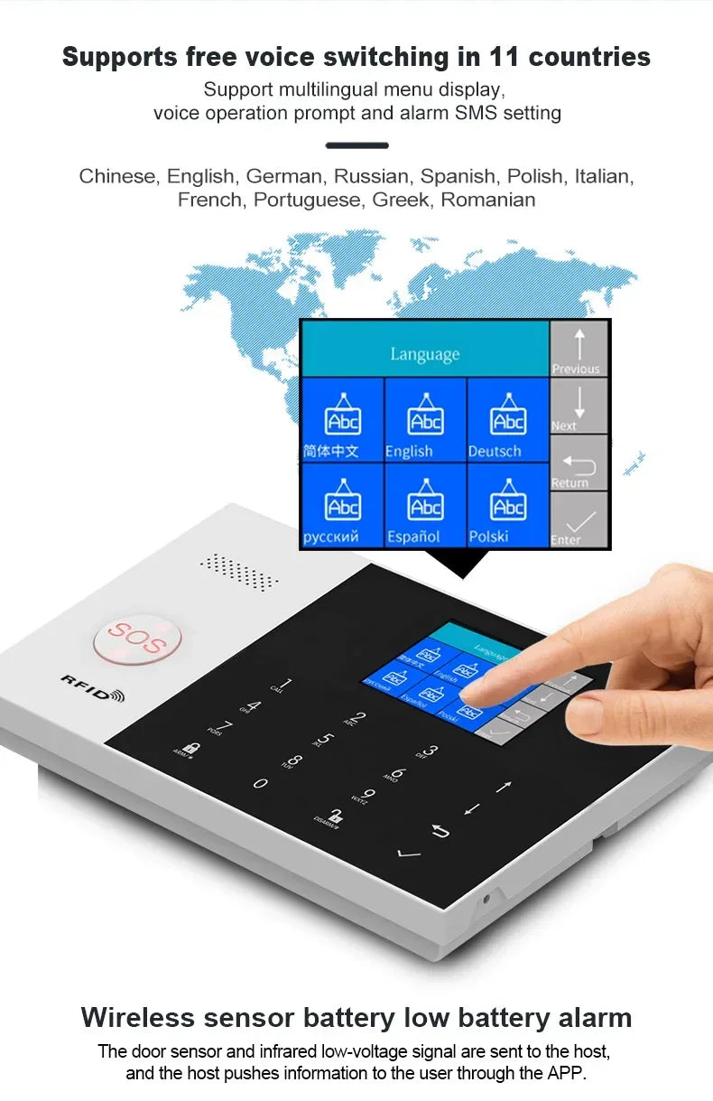 White, sleek smart home alarm panel with black touchscreen display and SOS button, showing multilingual menu options.