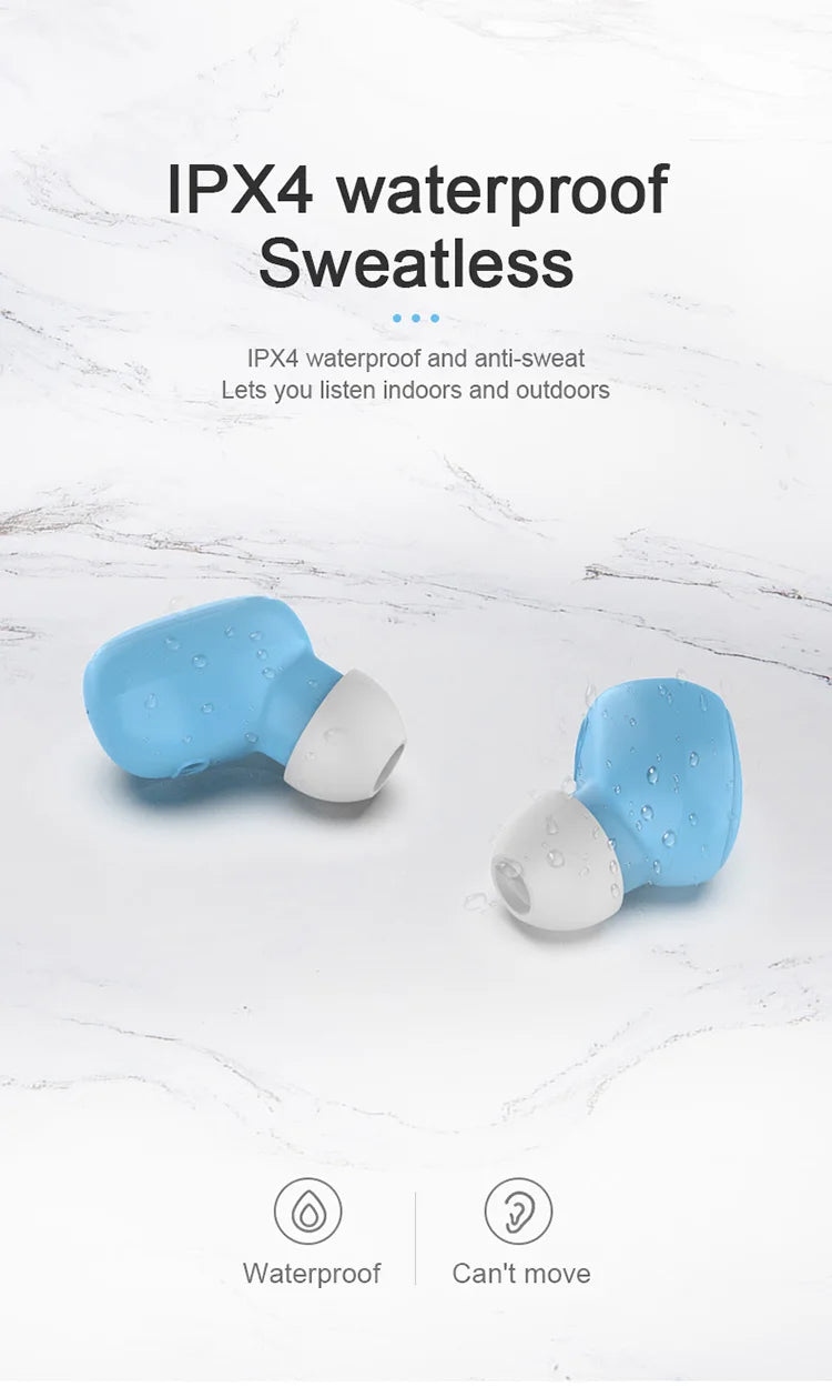 Light blue, sweatproof wireless earbuds with white silicone tips on a white marble background.