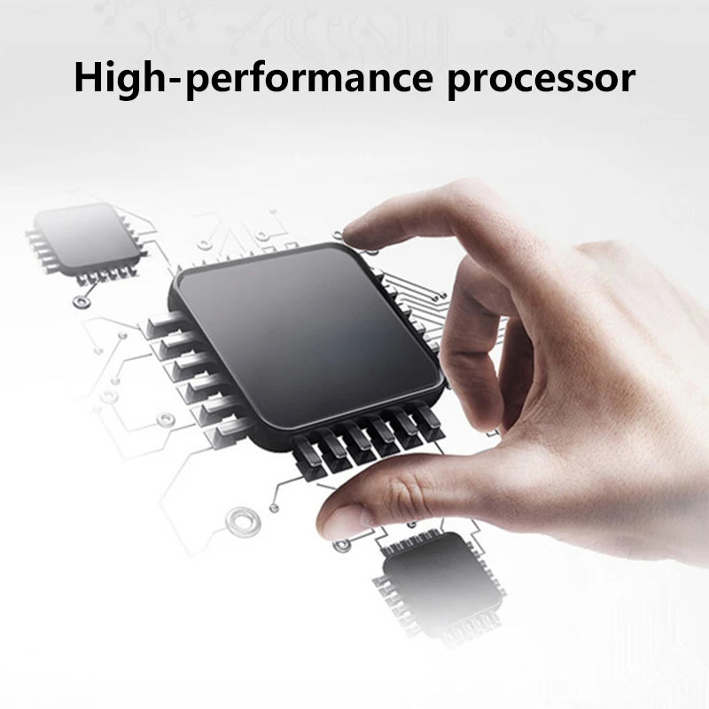 A hand holding a small, black microchip processor above a digital circuit board background.