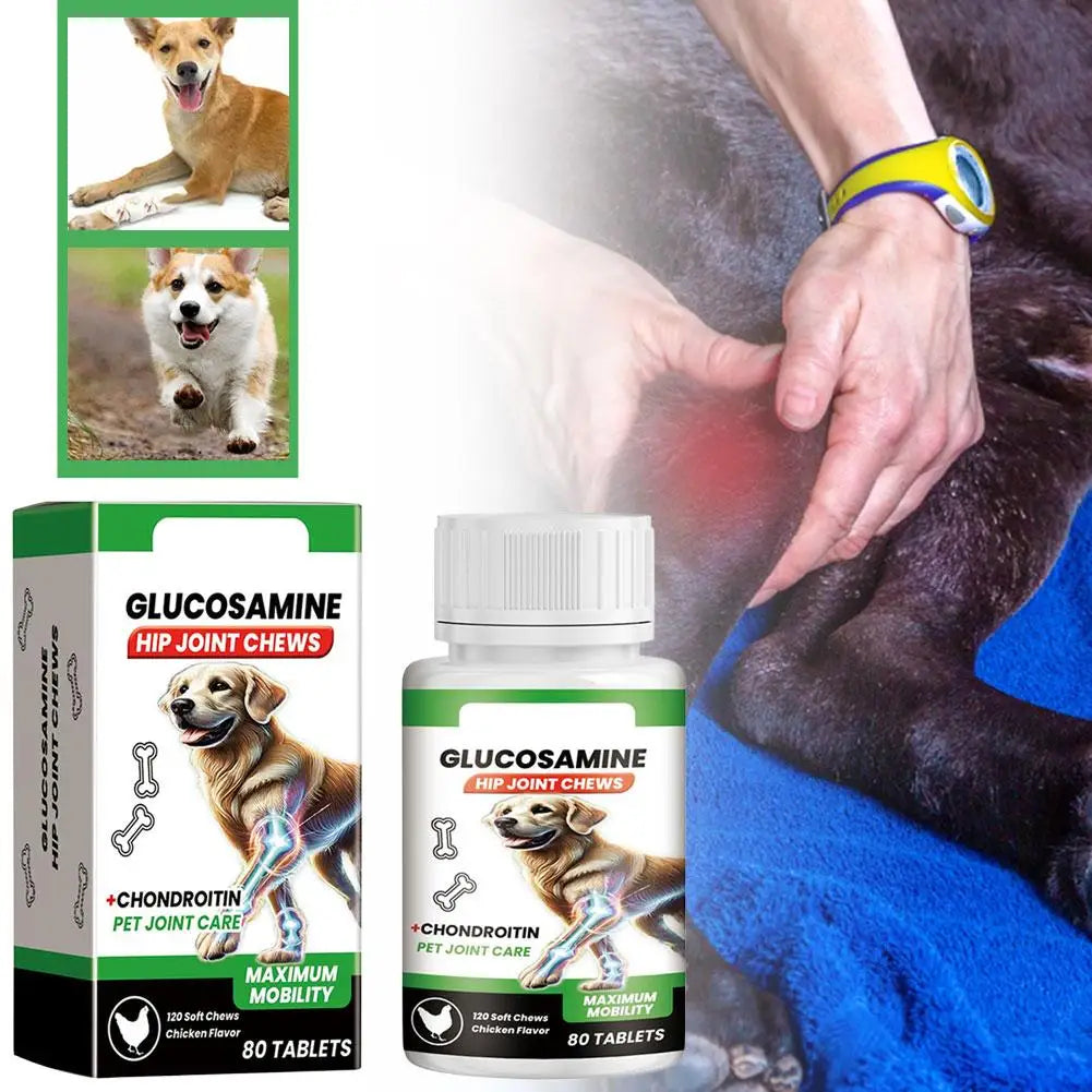 Glucosamine hip and joint chew supplement for dogs in a white bottle and green box with chicken flavour.