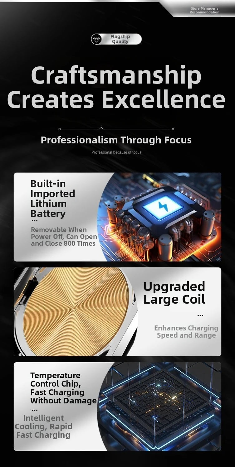 Infographic highlighting high-quality lithium battery, large gold charging coil, and intelligent cooling chip technology.