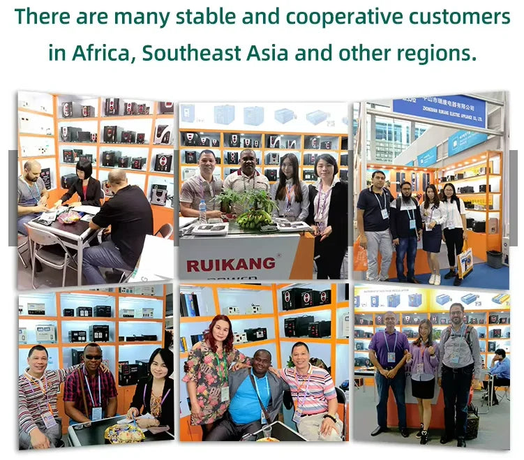 A collage of people visiting a Ruikang trade booth displaying various small, black and white electronic power units.