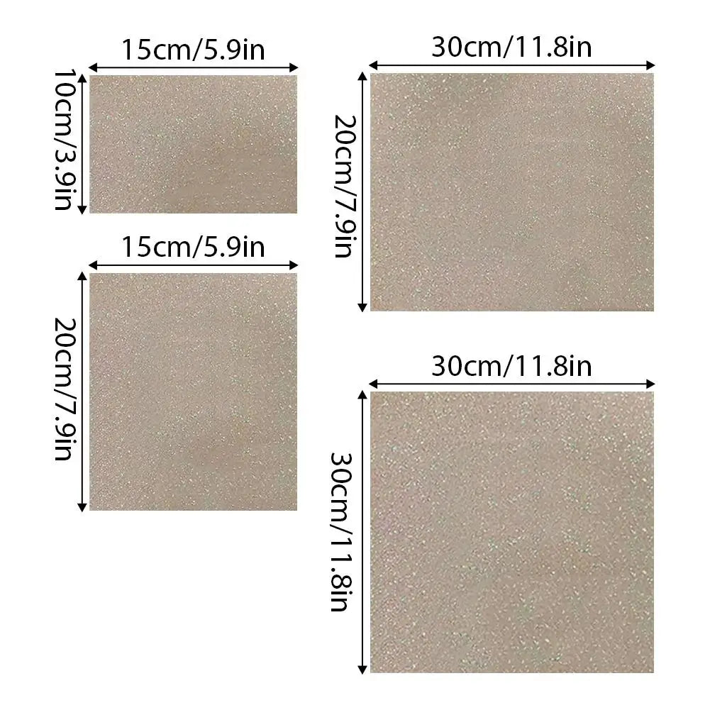Four speckled beige rectangular floor or wall tiles shown in various sizes with clear dimension labels.