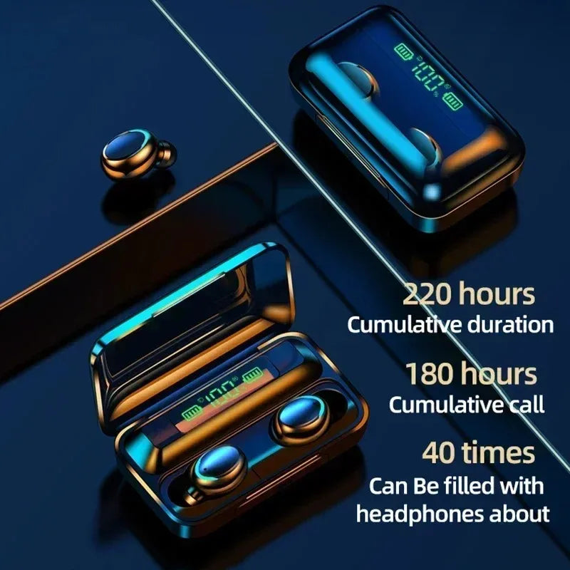 Glossy black wireless earbuds and charging case with a digital battery display, set against a reflective blue background.