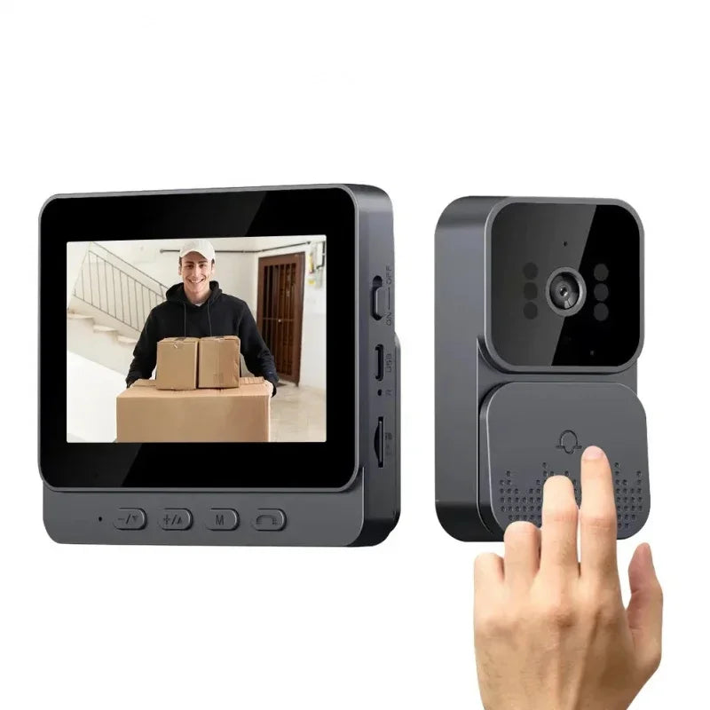 Dark grey smart video doorbell with 4.3-inch screen showing a delivery person and a push-button unit being pressed.