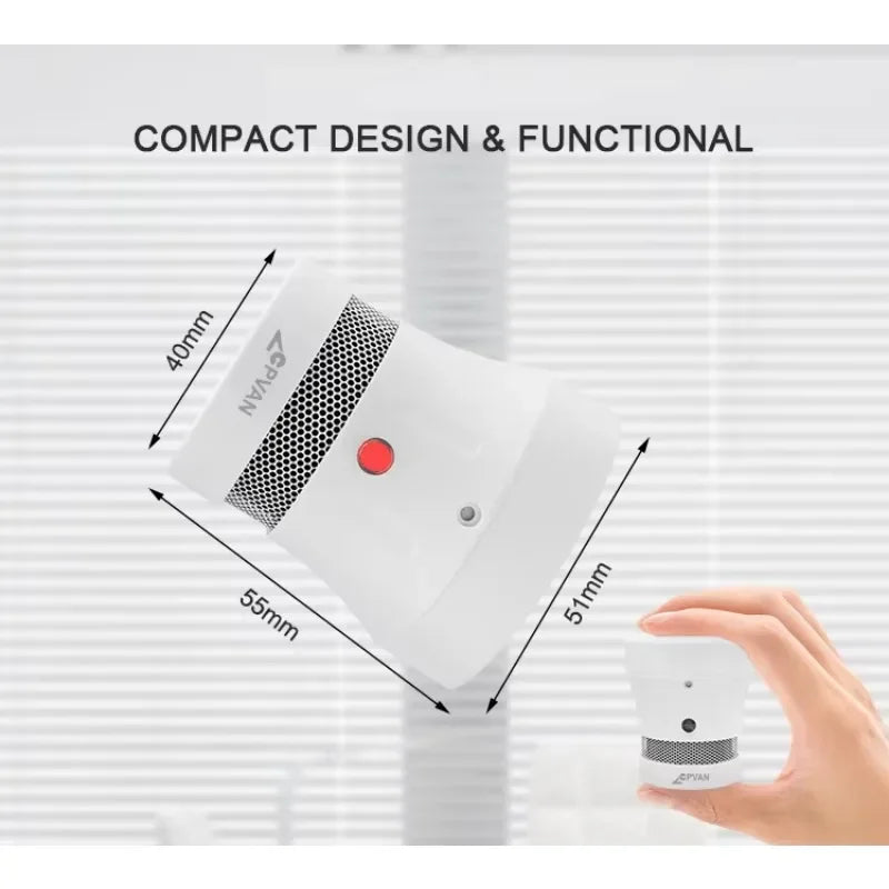 Small, white, cylindrical smart smoke detector with a red test button and metal mesh detailing, shown with dimensions.