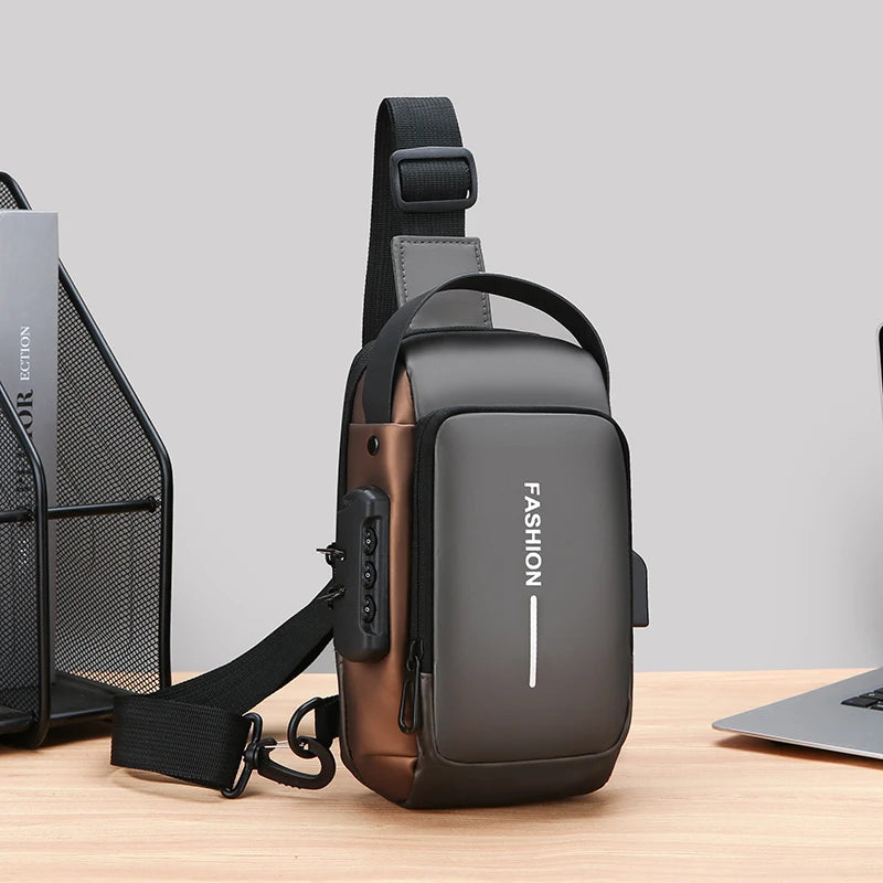 Grey and bronze anti-theft crossbody chest bag featuring a built-in USB charging port and secure combination lock.