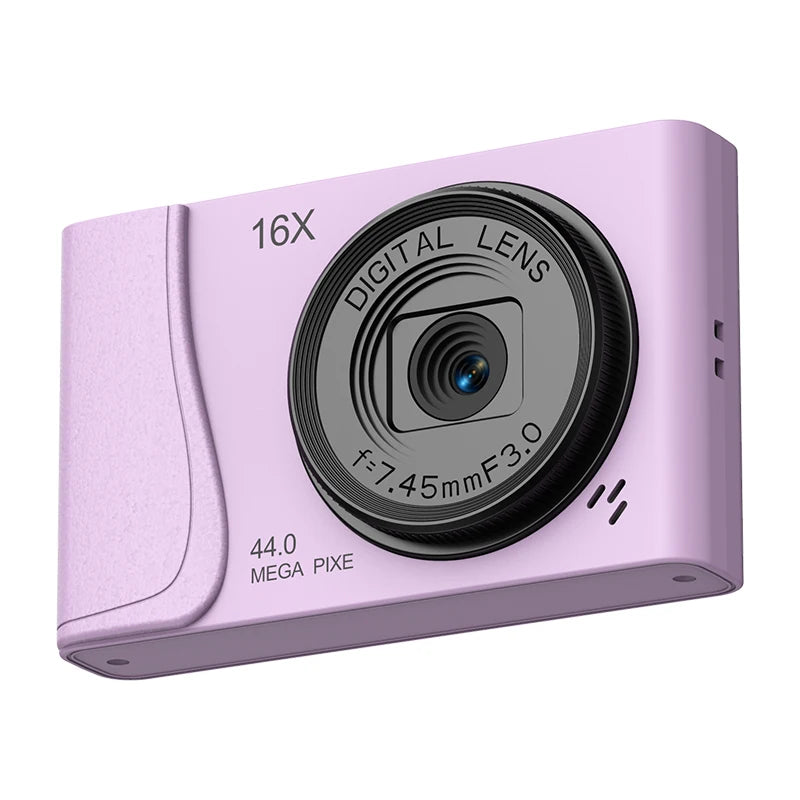 Light purple digital camera made of matte plastic with a 16X zoom lens and 44-megapixel sensor.