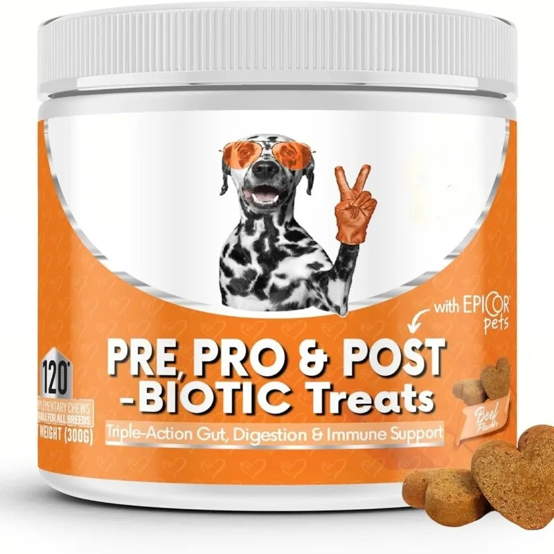 Orange tub of 120 beef-flavoured pre, pro and post-biotic heart-shaped dog chews for gut and immune support.