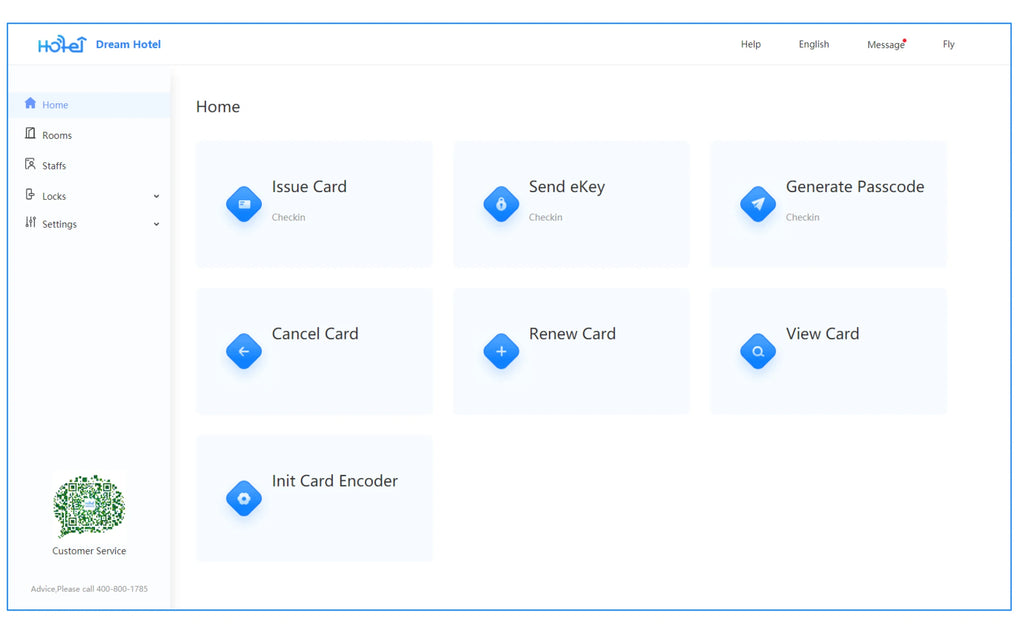 White digital hotel management interface dashboard featuring blue navigation icons and card system management options.