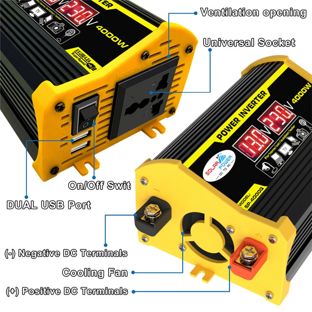 Black and yellow 4000W portable power inverter with digital display, universal AC socket, dual USB ports and cooling fan.