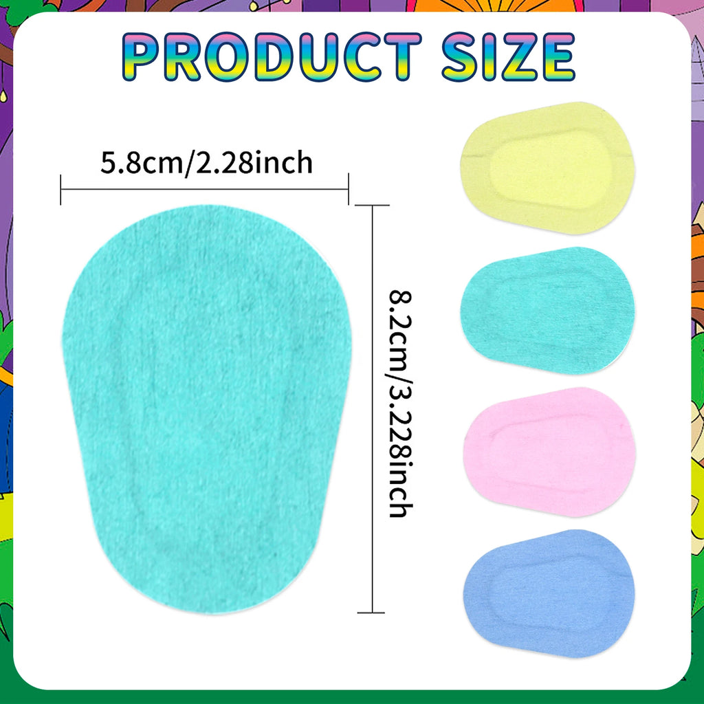 Multi-colored non-woven adhesive eye patches for kids, measuring 5.8cm by 8.2cm, in yellow, teal, pink, and blue.