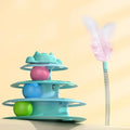Teal three-tier interactive cat toy turntable with pink, blue, and green balls plus a springy feather teaser wand.