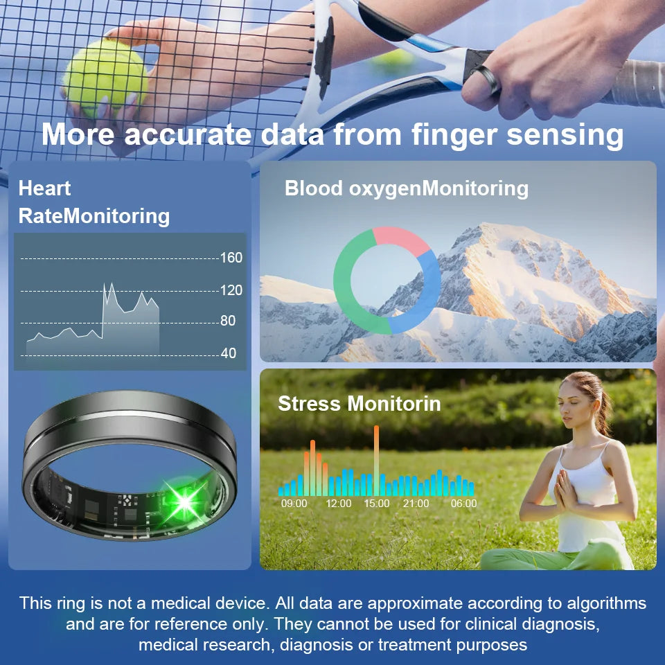 A sleek black smart fitness ring showing health data dashboards for heart rate, blood oxygen, and stress levels.