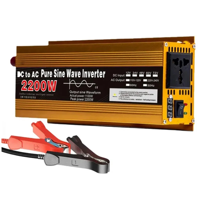 Gold-coloured 2200W DC to AC pure sine wave power inverter with a digital display, output socket, and battery clips.