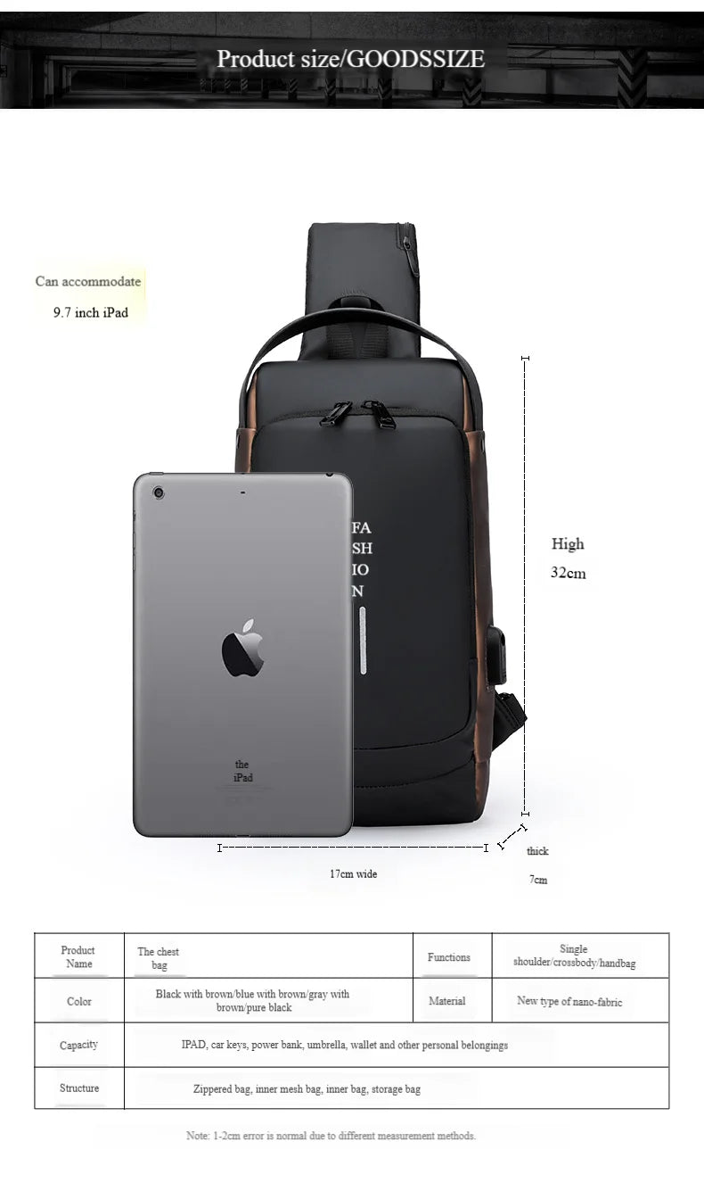 Black anti-theft crossbody chest bag showing dimensions and space for a 9.7-inch tablet.