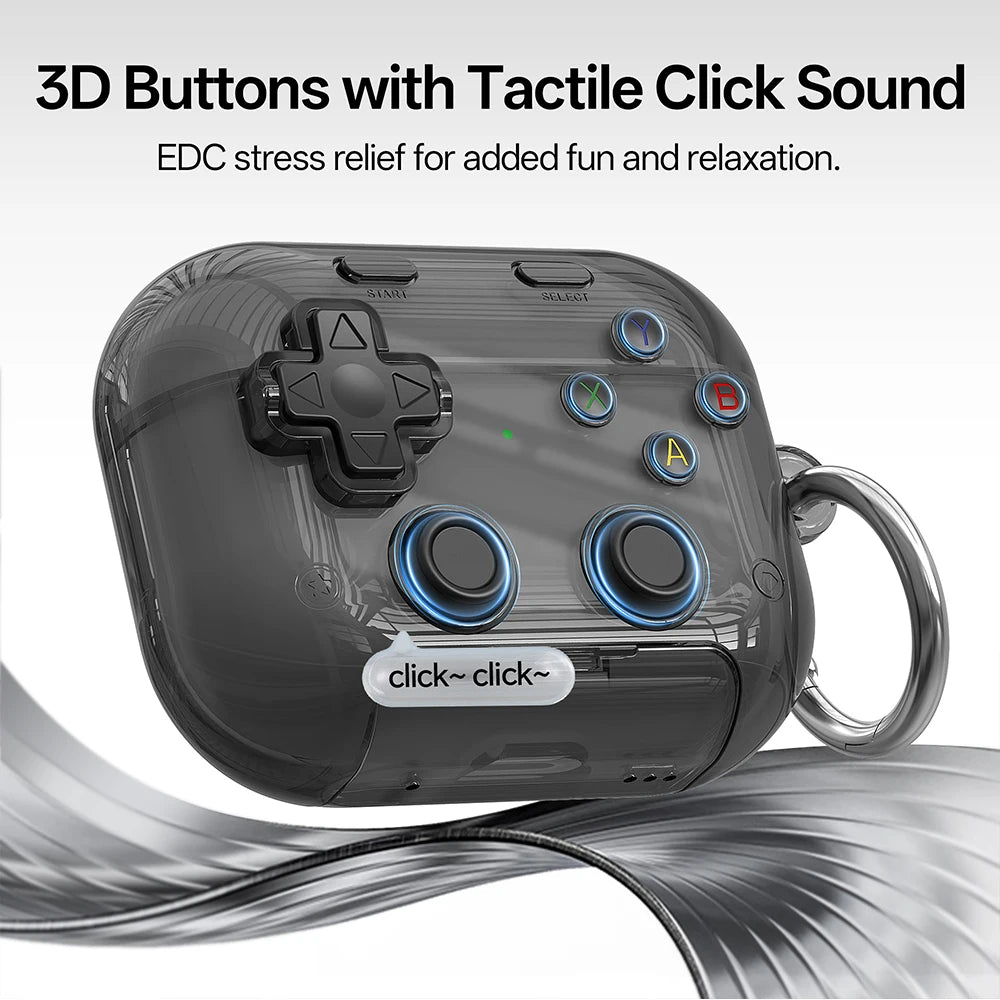 Translucent black retro game controller AirPods case with tactile, clickable 3D buttons and a handy carry ring.