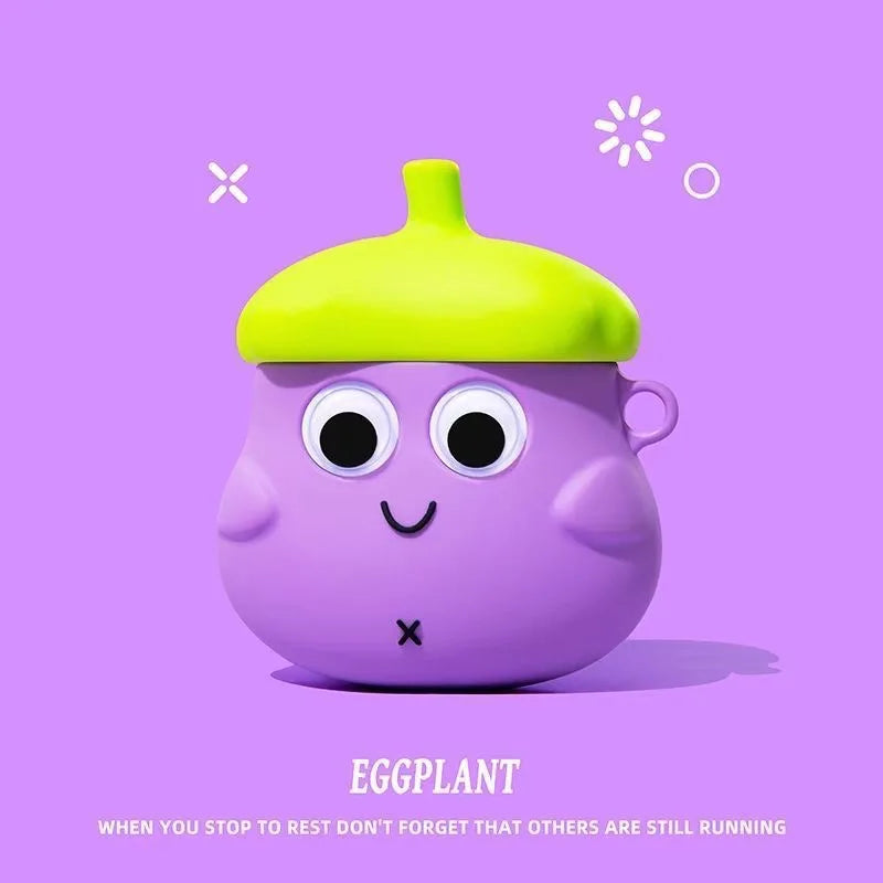 Purple silicone AirPods case shaped like a cute eggplant character with a green stem cap.